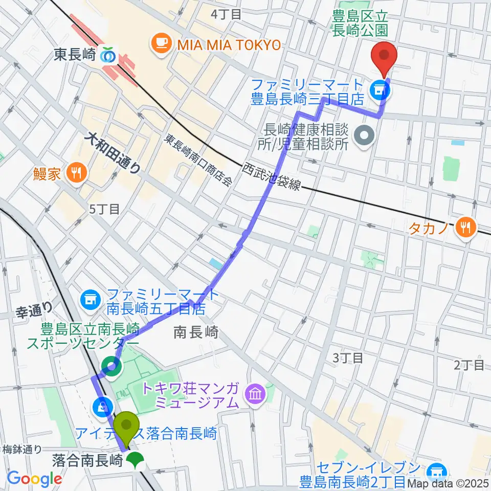 落合南長崎駅から一音会ミュージックスクールへのルートマップ地図