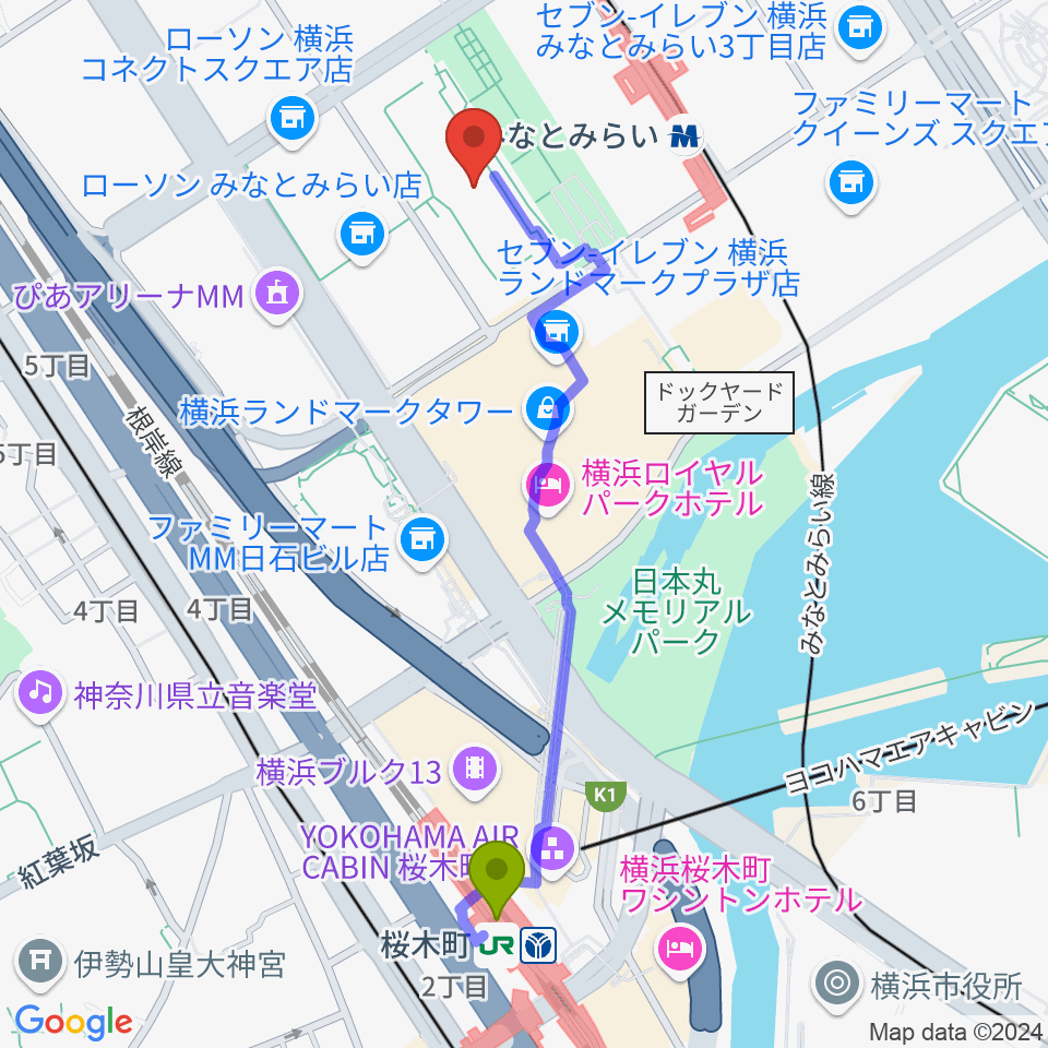 桜木町駅から横浜美術館へのルートマップ地図