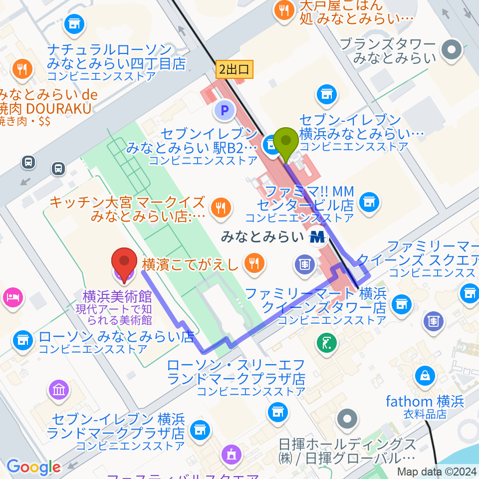 横浜美術館の最寄駅みなとみらい駅からの徒歩ルート（約3分）地図