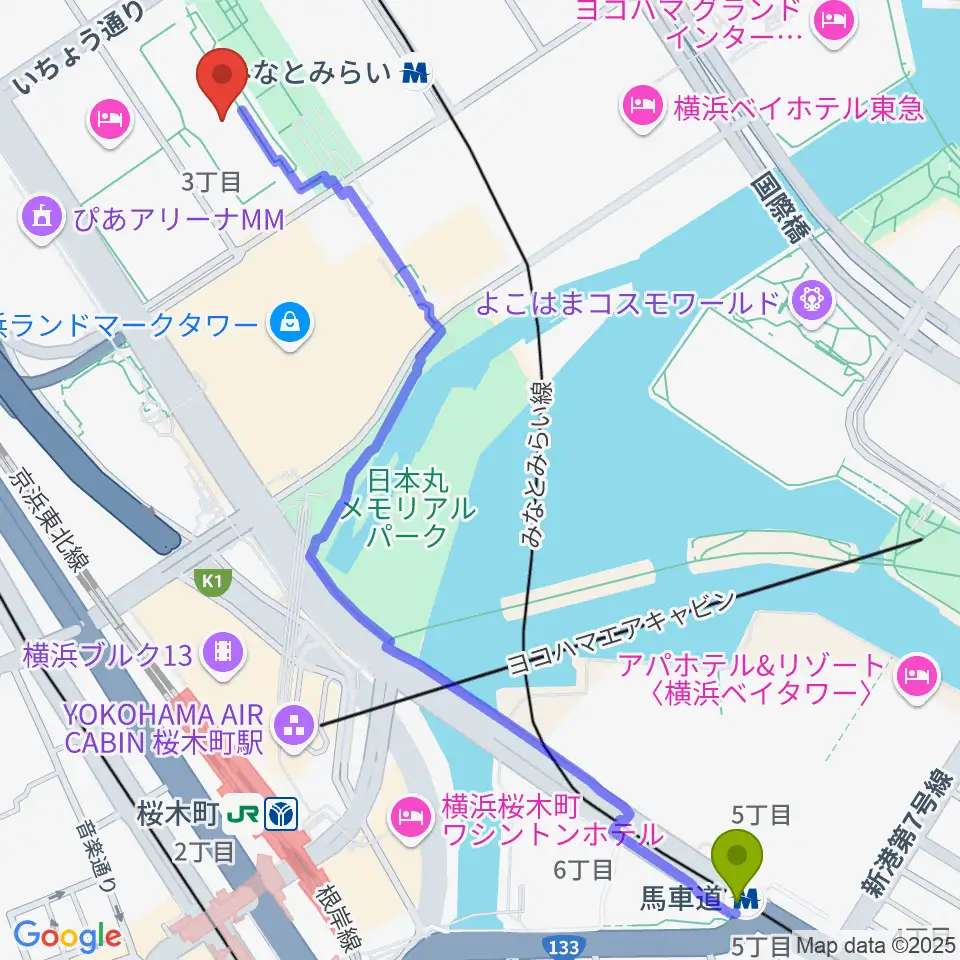 馬車道駅から横浜美術館へのルートマップ地図