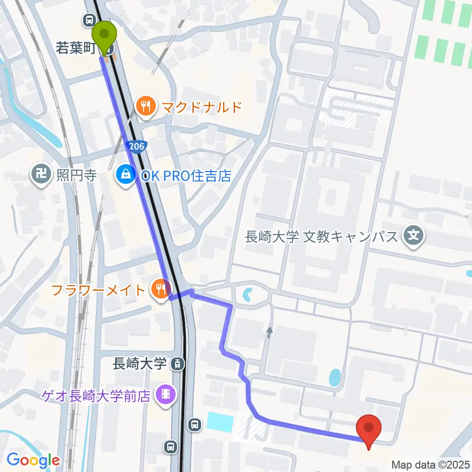 若葉町駅から十八親和ホール・長崎創楽堂へのルートマップ地図