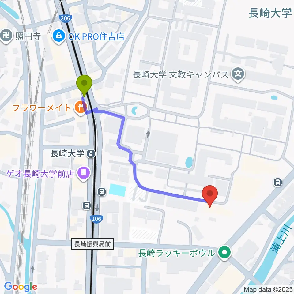 十八親和ホール・長崎創楽堂の最寄駅長崎大学駅からの徒歩ルート（約5分）地図
