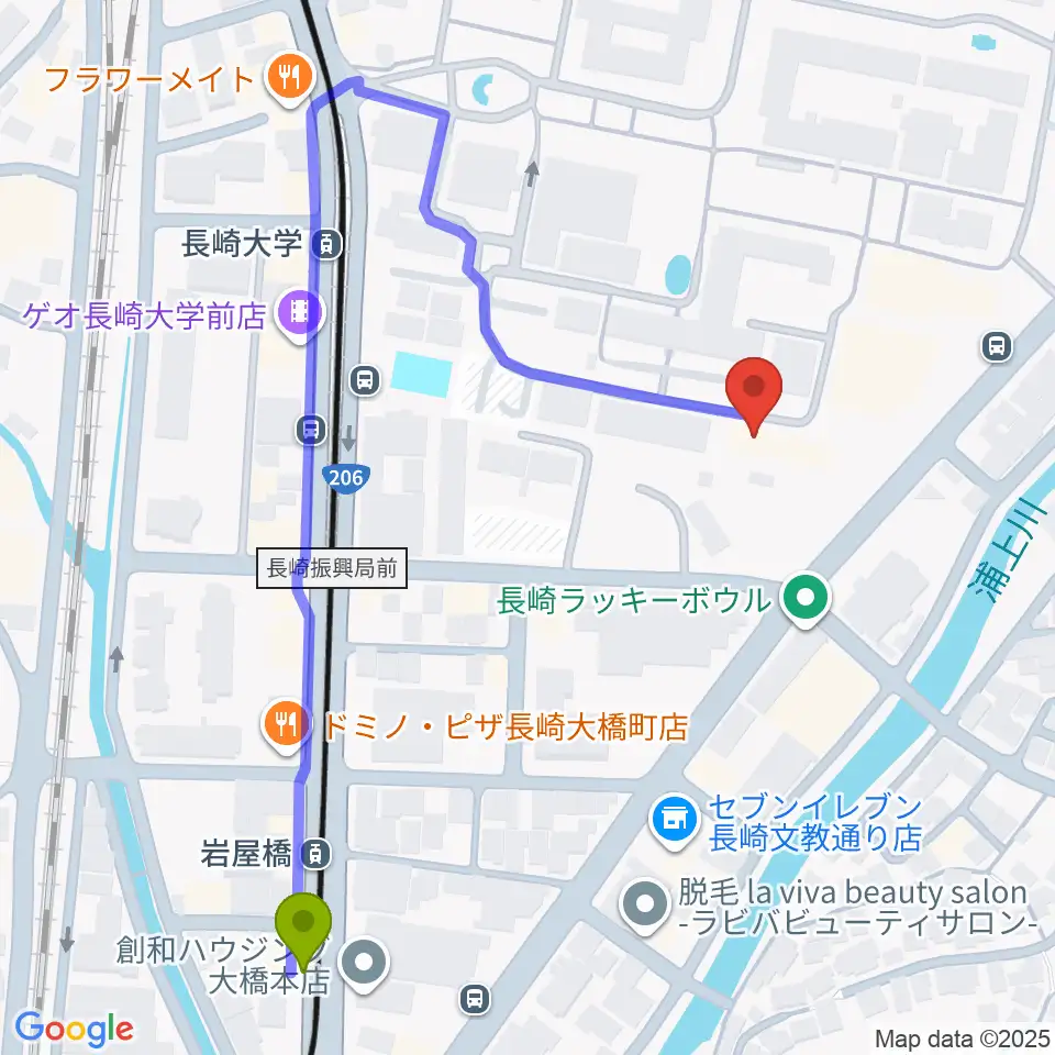 岩屋橋駅から十八親和ホール・長崎創楽堂へのルートマップ地図