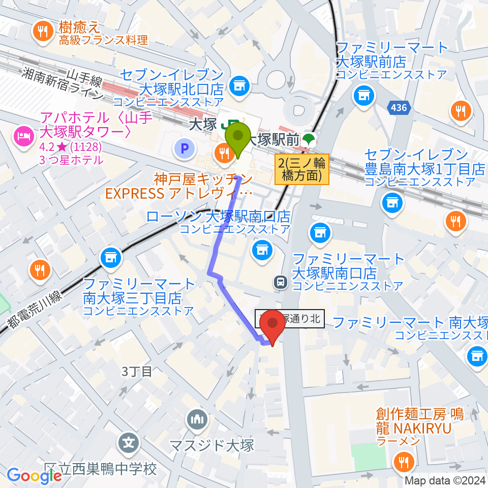 大塚Welcome backの最寄駅大塚駅からの徒歩ルート（約3分）地図