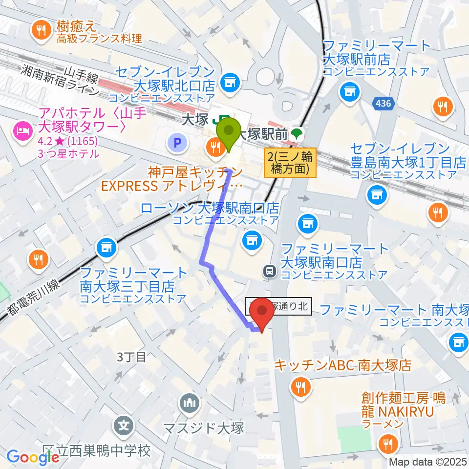 大塚Welcome backの最寄駅大塚駅からの徒歩ルート（約3分）地図