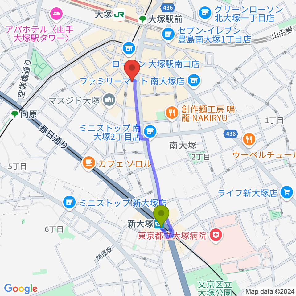 新大塚駅から大塚Welcome backへのルートマップ地図