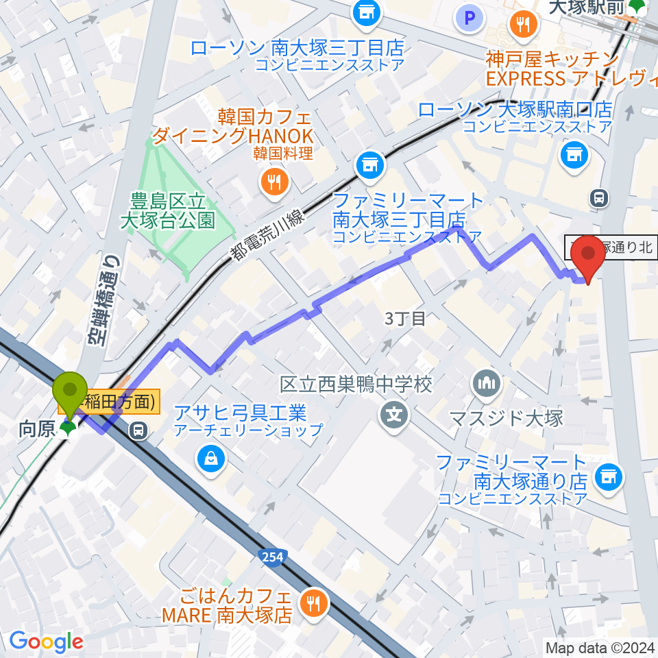 向原駅から大塚Welcome backへのルートマップ地図