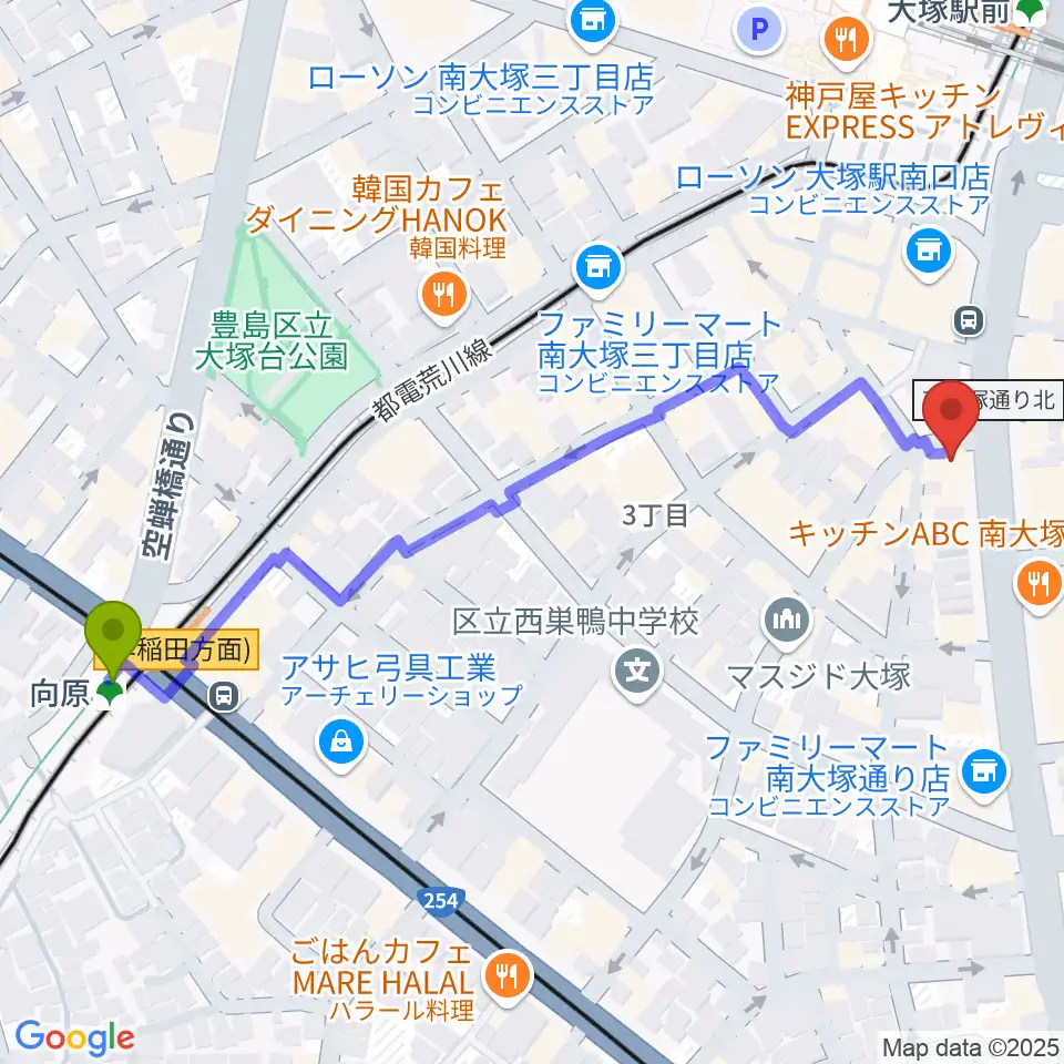 向原駅から大塚Welcome backへのルートマップ地図