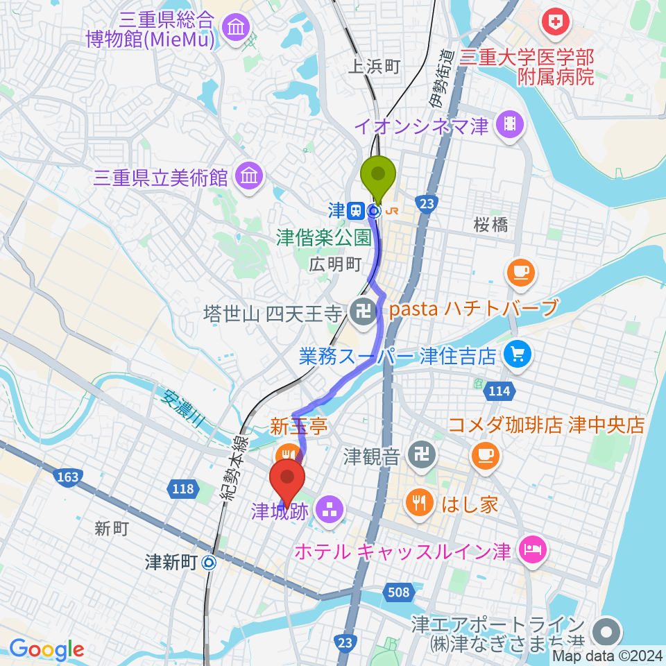 津駅から津リージョンプラザへのルートマップ地図