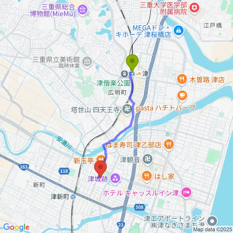 津駅から津リージョンプラザへのルートマップ地図