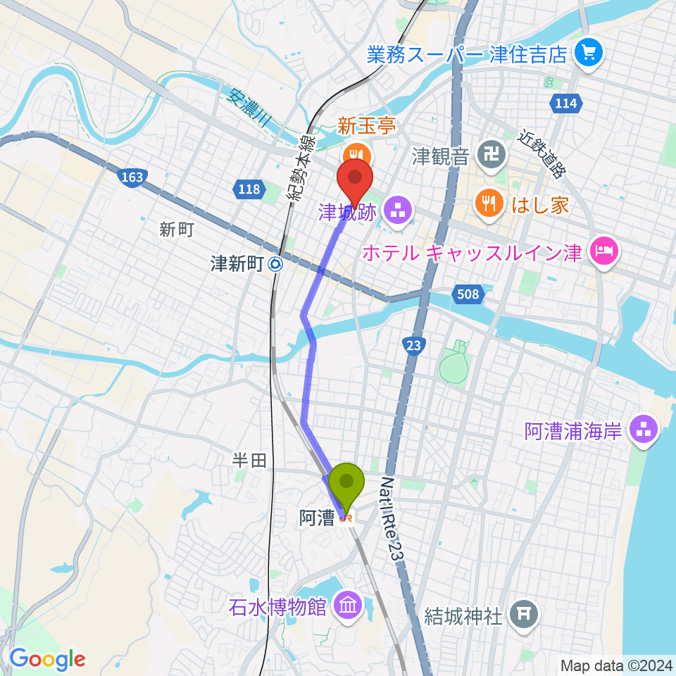 阿漕駅から津リージョンプラザへのルートマップ地図