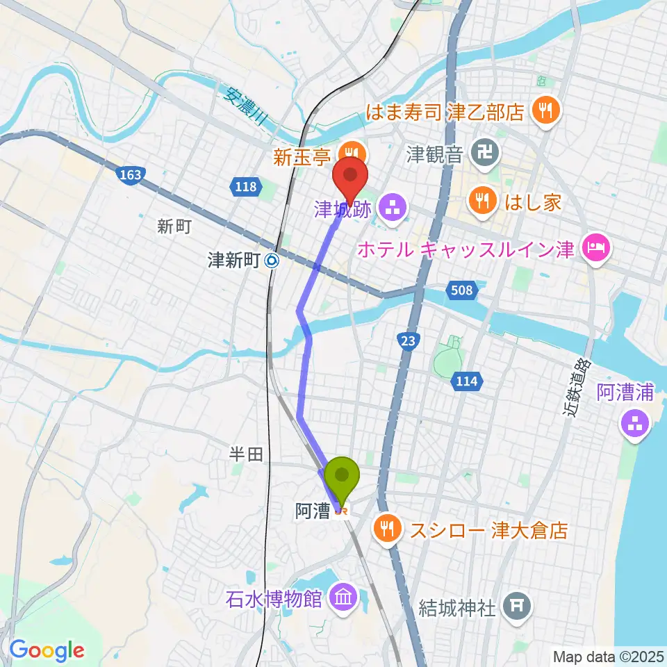 阿漕駅から津リージョンプラザへのルートマップ地図