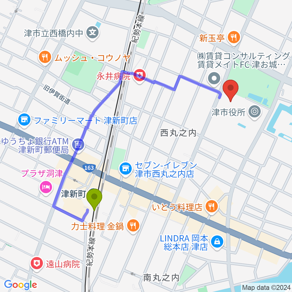 津リージョンプラザの最寄駅津新町駅からの徒歩ルート（約9分）地図