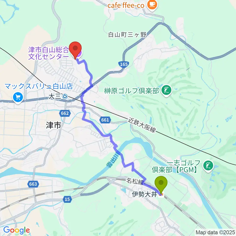 伊勢大井駅から津市白山総合文化センターへのルートマップ地図