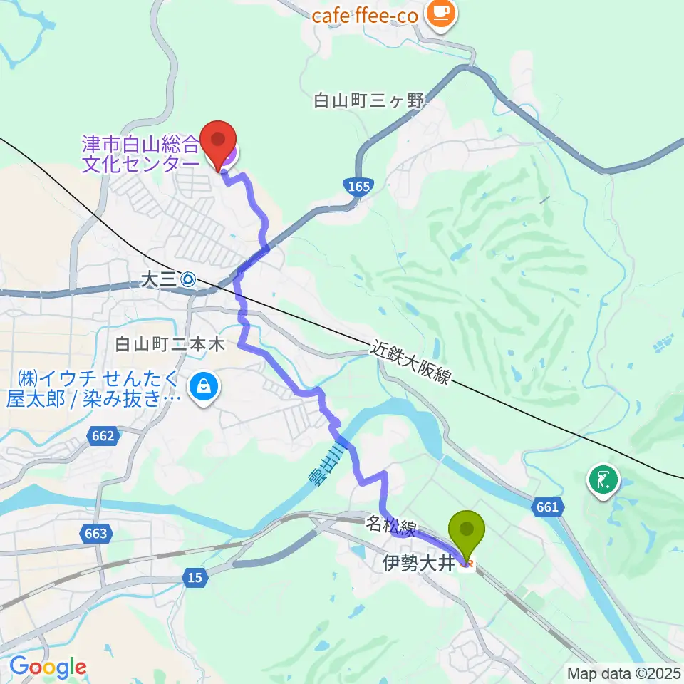 伊勢大井駅から津市白山総合文化センターへのルートマップ地図