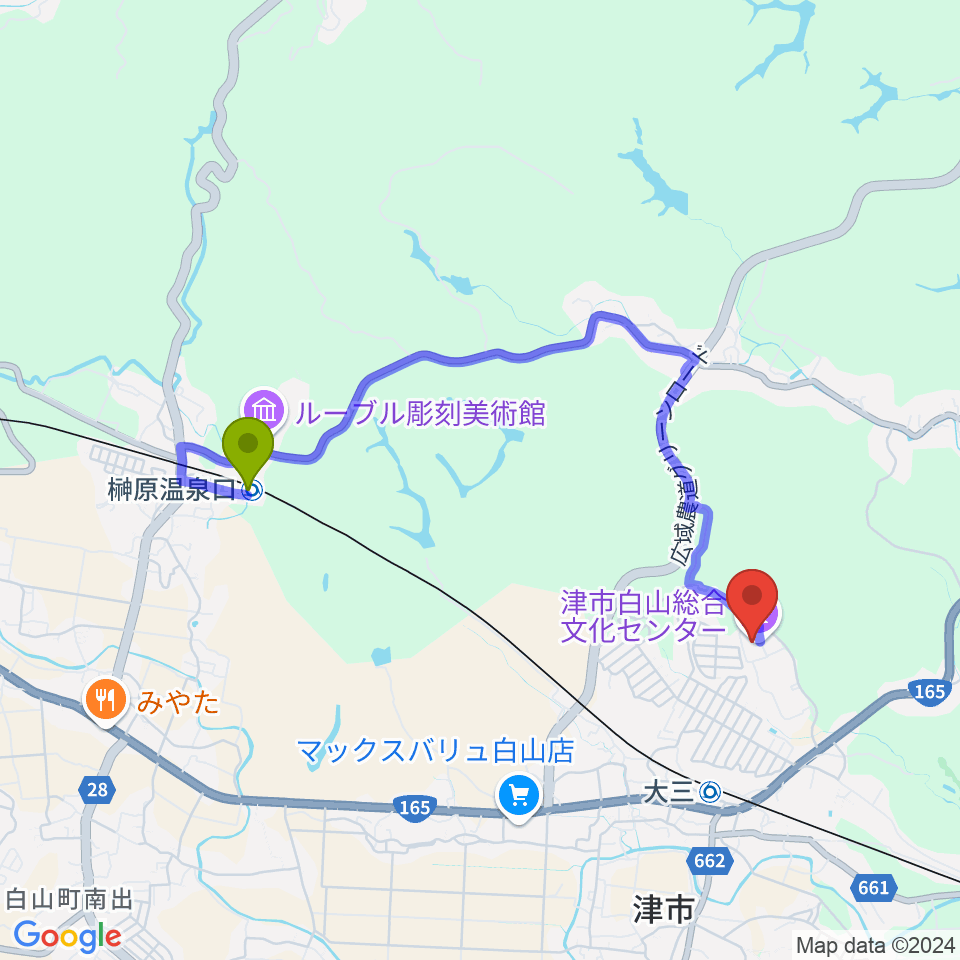 榊原温泉口駅から津市白山総合文化センターへのルートマップ地図