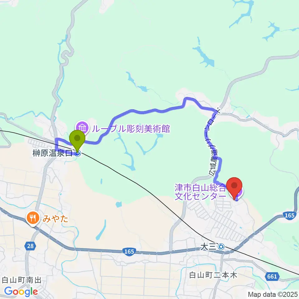 榊原温泉口駅から津市白山総合文化センターへのルートマップ地図