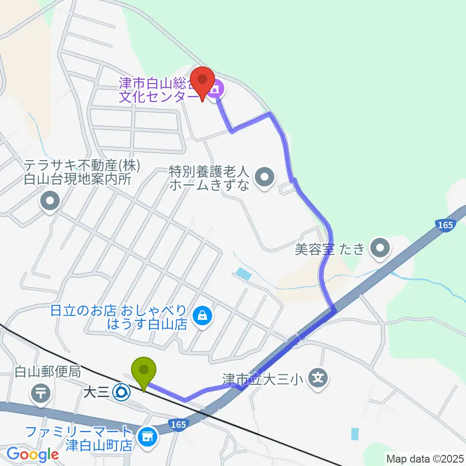 津市白山総合文化センターの最寄駅大三駅からの徒歩ルート（約10分）地図