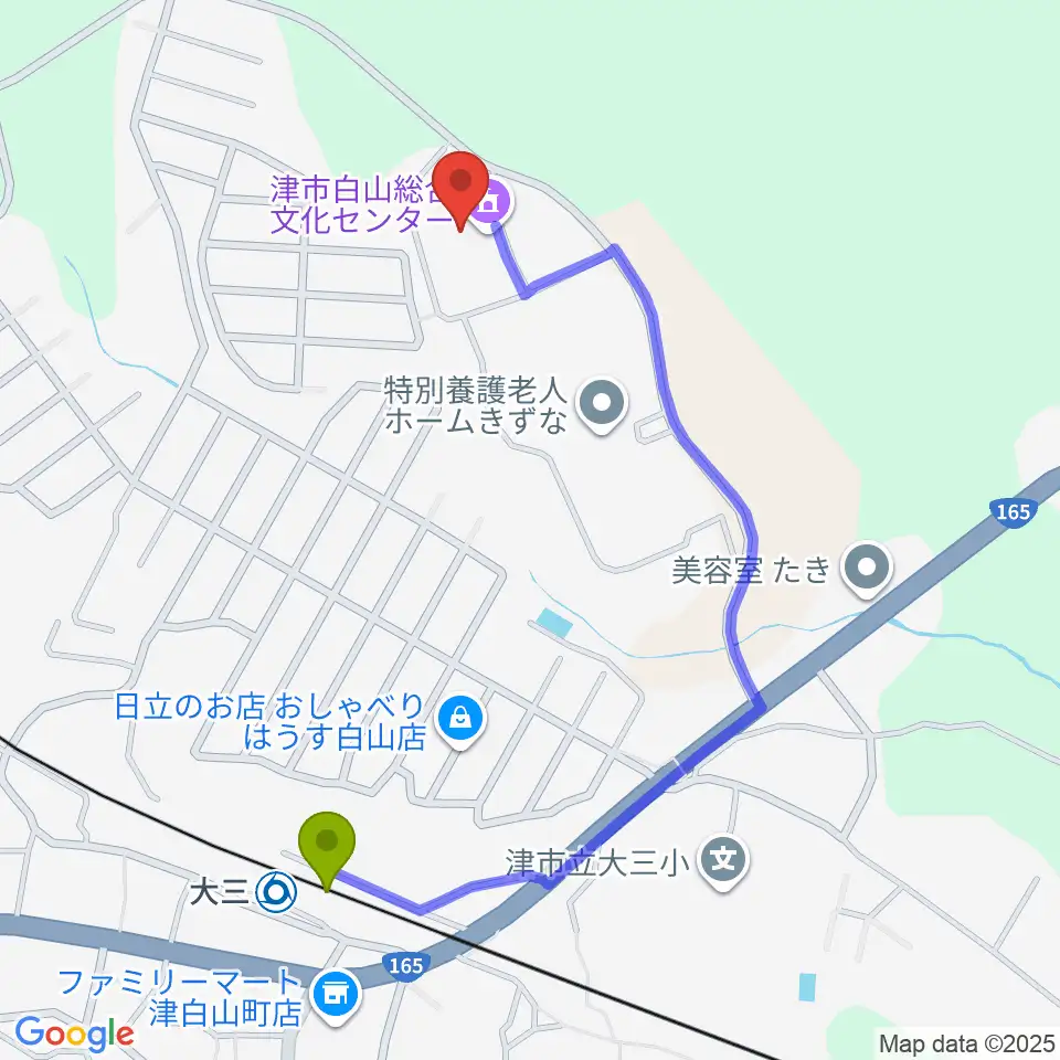 津市白山総合文化センターの最寄駅大三駅からの徒歩ルート（約10分）地図