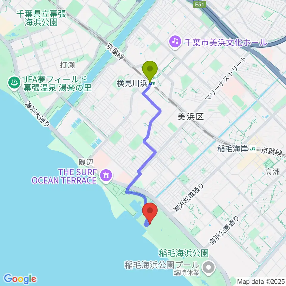 検見川浜駅から稲毛海浜公園 野外音楽堂へのルートマップ地図
