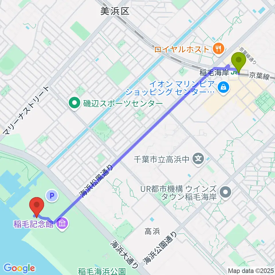 稲毛海浜公園 野外音楽堂の最寄駅稲毛海岸駅からの徒歩ルート（約28分）地図