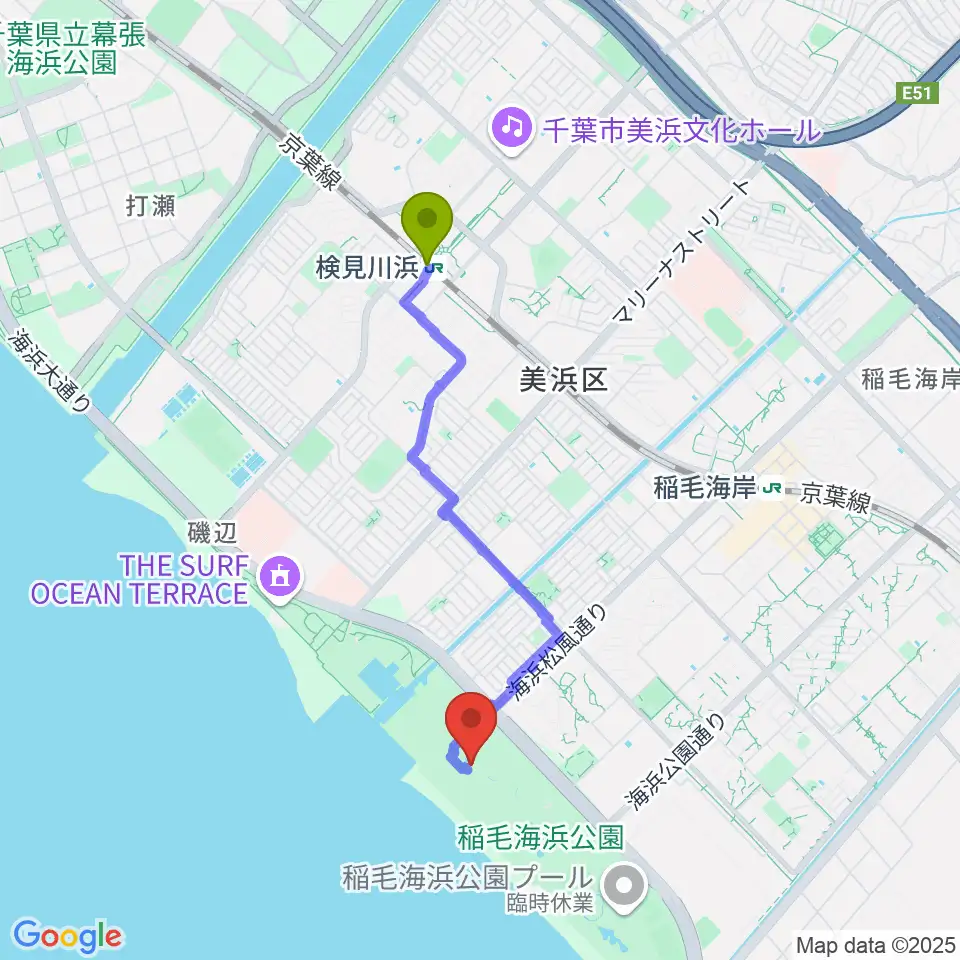 検見川浜駅から稲毛記念館へのルートマップ地図