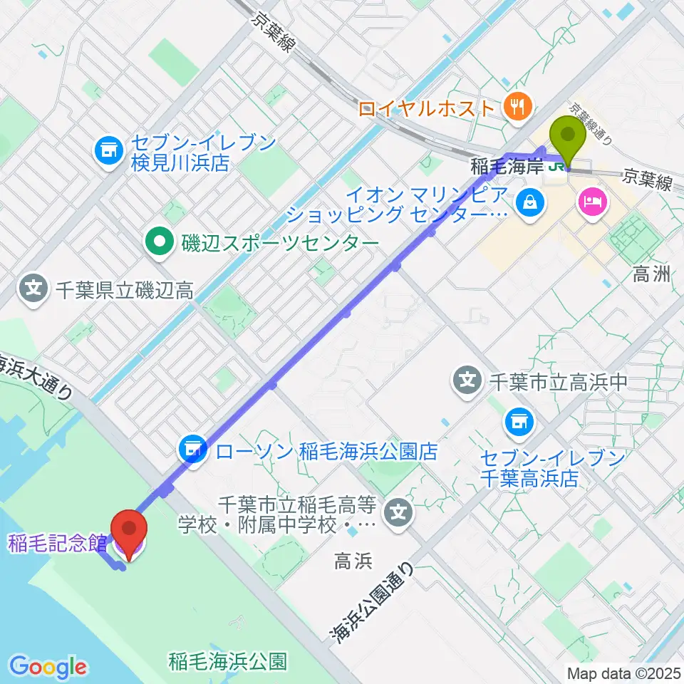 稲毛記念館の最寄駅稲毛海岸駅からの徒歩ルート（約27分）地図