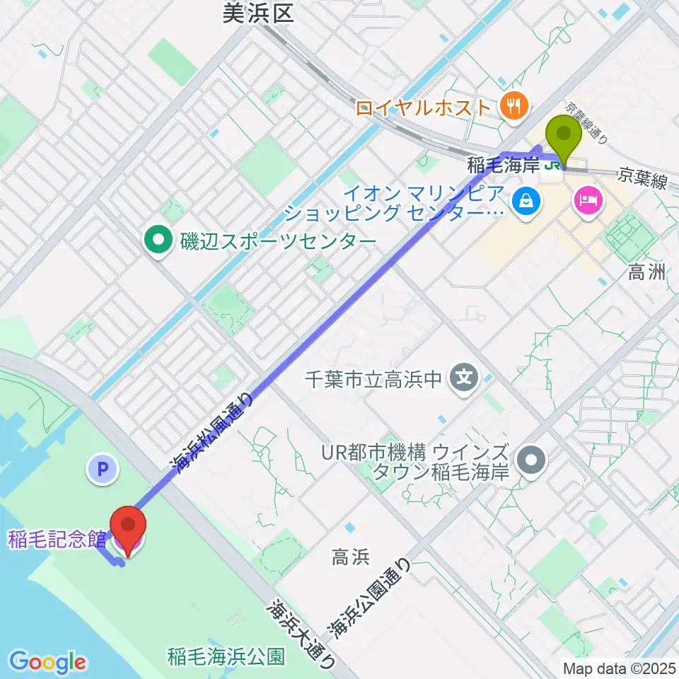 稲毛記念館の最寄駅稲毛海岸駅からの徒歩ルート（約27分）地図