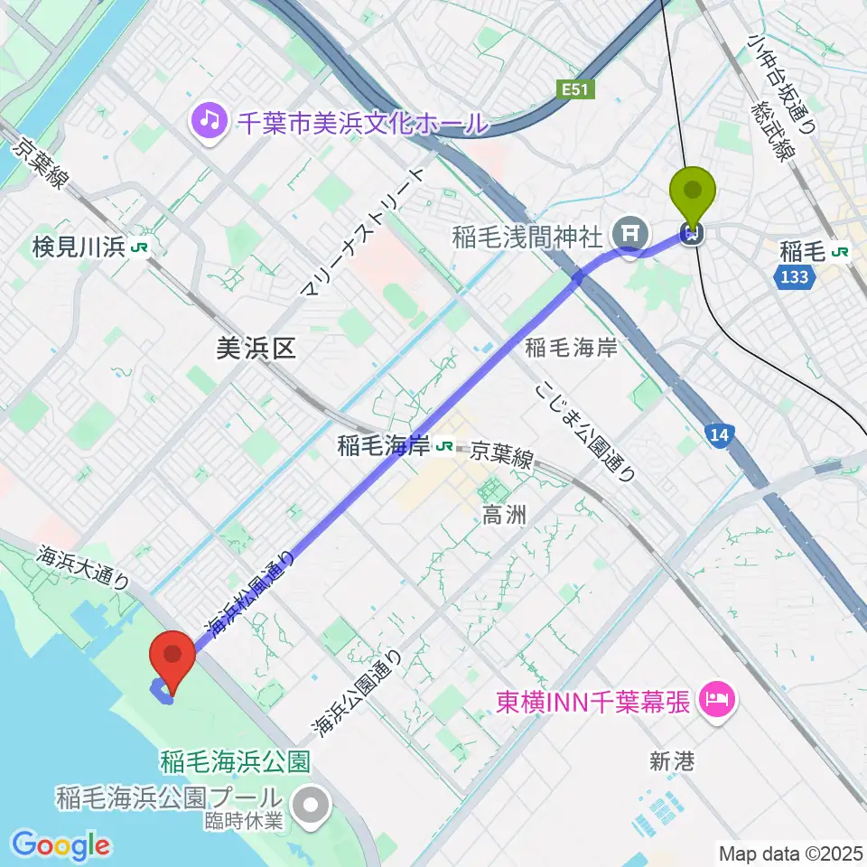 京成稲毛駅から稲毛記念館へのルートマップ地図