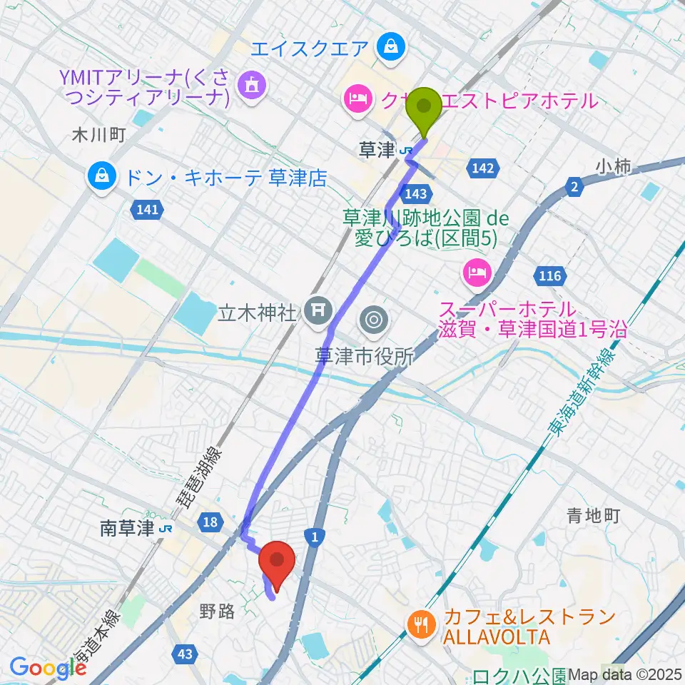 草津駅から草津クレアホールへのルートマップ地図