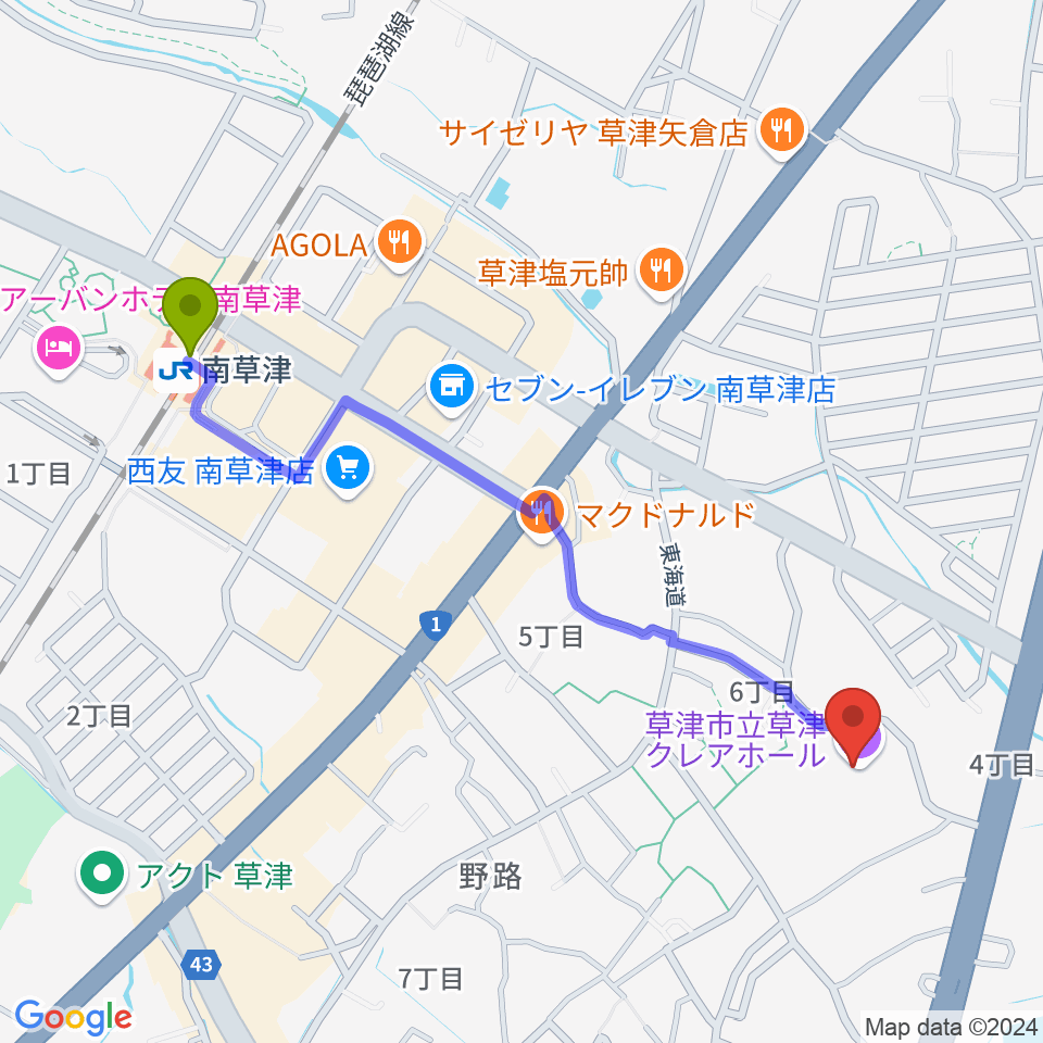 草津クレアホールの最寄駅南草津駅からの徒歩ルート（約12分）地図