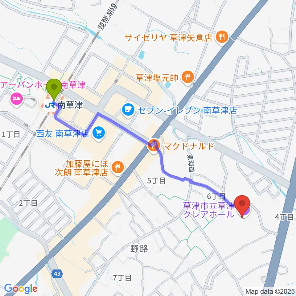 草津クレアホールの最寄駅南草津駅からの徒歩ルート（約12分）地図