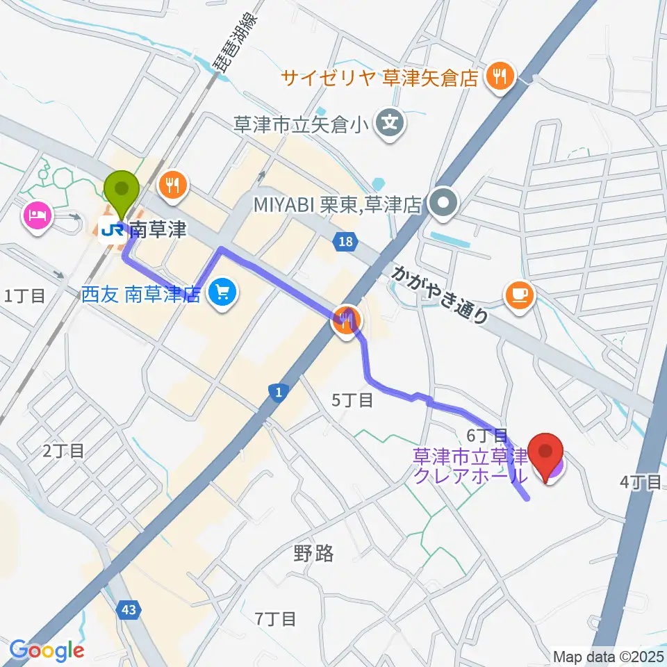 草津クレアホールの最寄駅南草津駅からの徒歩ルート（約12分）地図