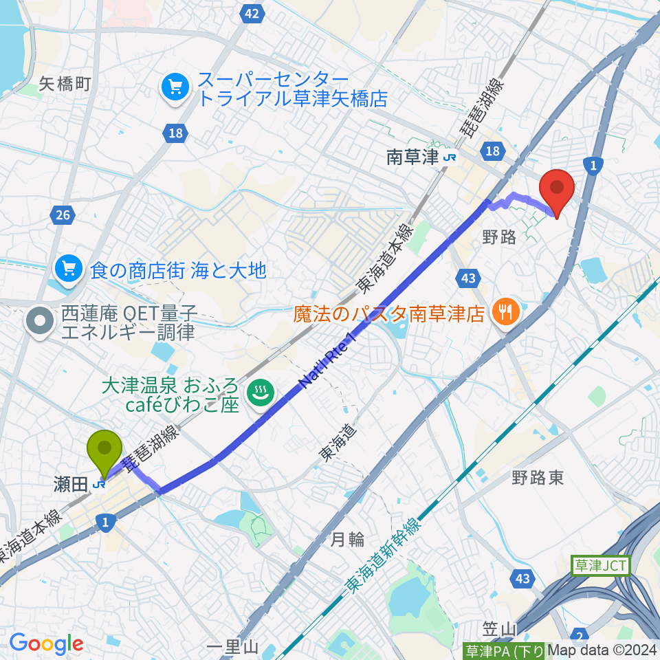 瀬田駅から草津クレアホールへのルートマップ地図