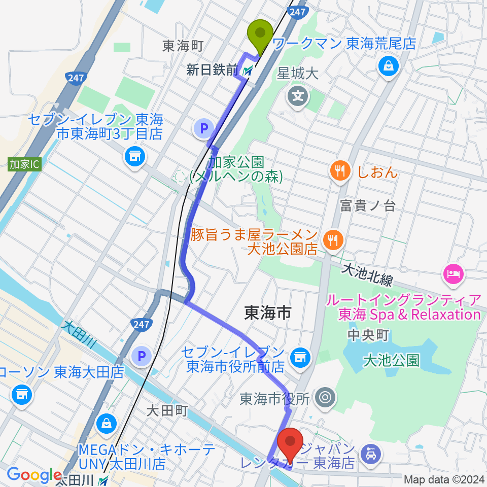 新日鉄前駅から(株)マツイシ楽器店 大田川センターへのルートマップ地図