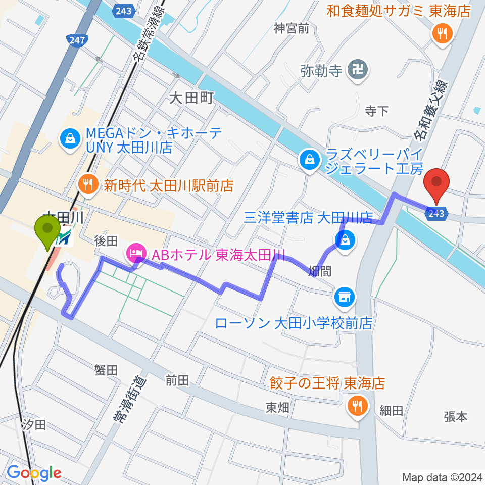 (株)マツイシ楽器店 大田川センターの最寄駅太田川駅からの徒歩ルート（約13分）地図