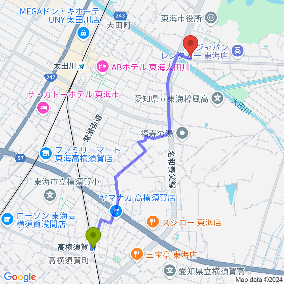 高横須賀駅から(株)マツイシ楽器店 大田川センターへのルートマップ地図