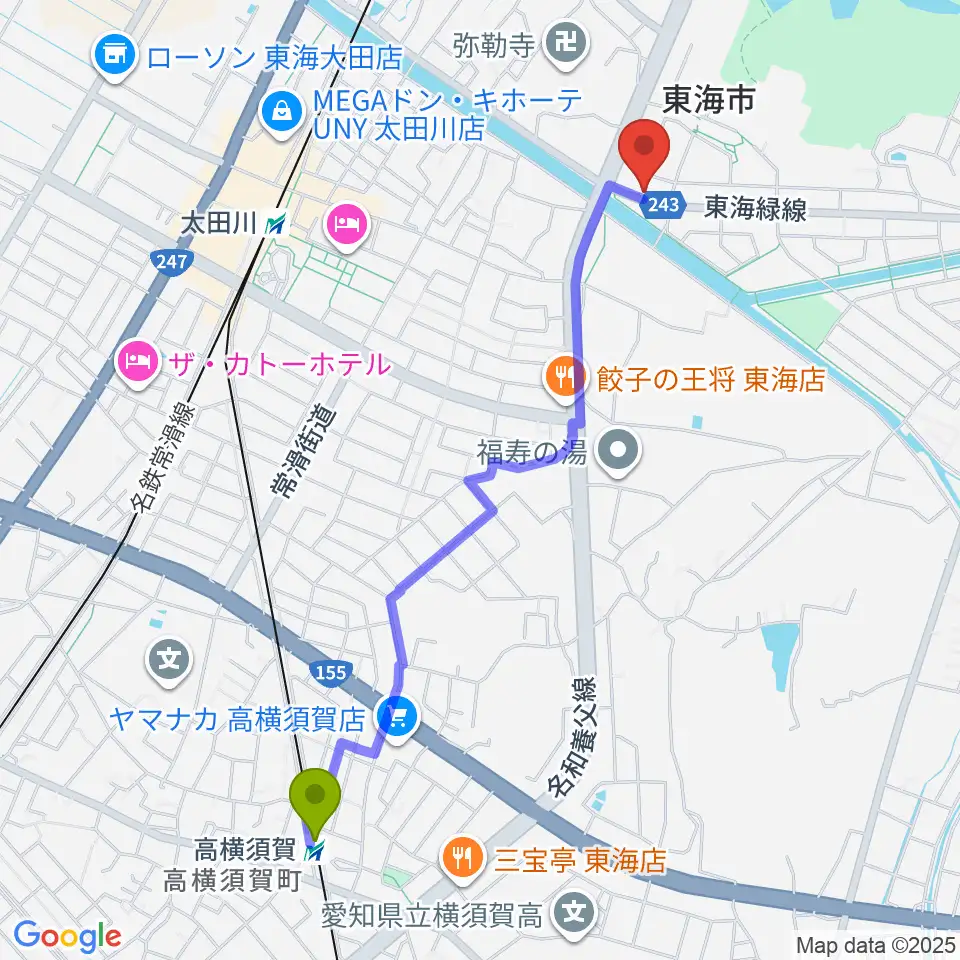 高横須賀駅から(株)マツイシ楽器店 大田川センターへのルートマップ地図