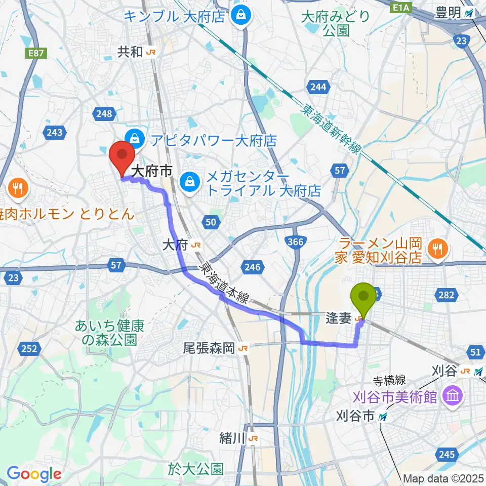 逢妻駅からミュージックガーデン大府へのルートマップ地図