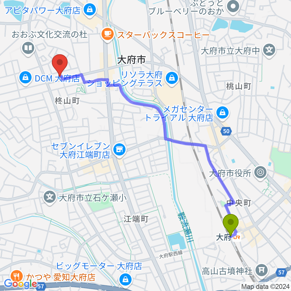 ミュージックガーデン大府の最寄駅大府駅からの徒歩ルート（約25分）地図