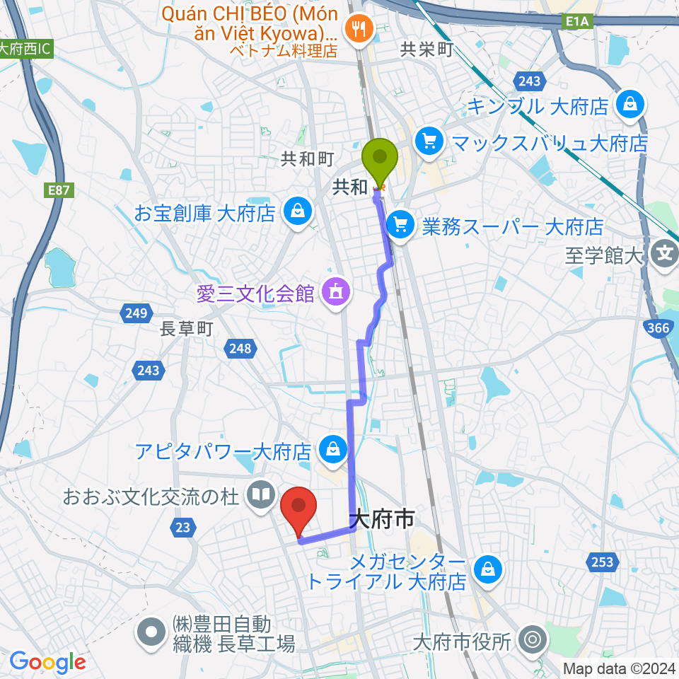 共和駅からミュージックガーデン大府へのルートマップ地図