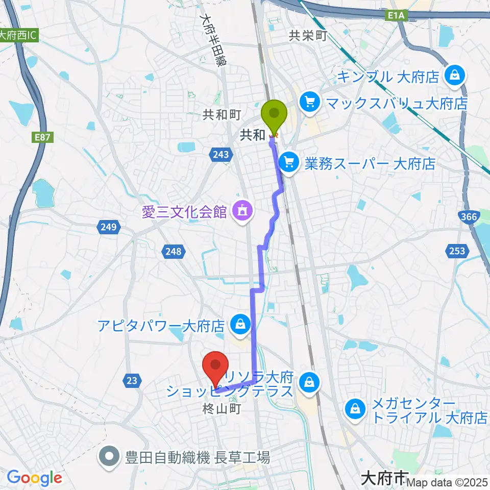 共和駅からミュージックガーデン大府へのルートマップ地図
