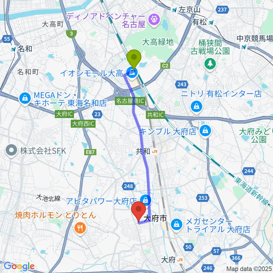 南大高駅からミュージックガーデン大府へのルートマップ地図