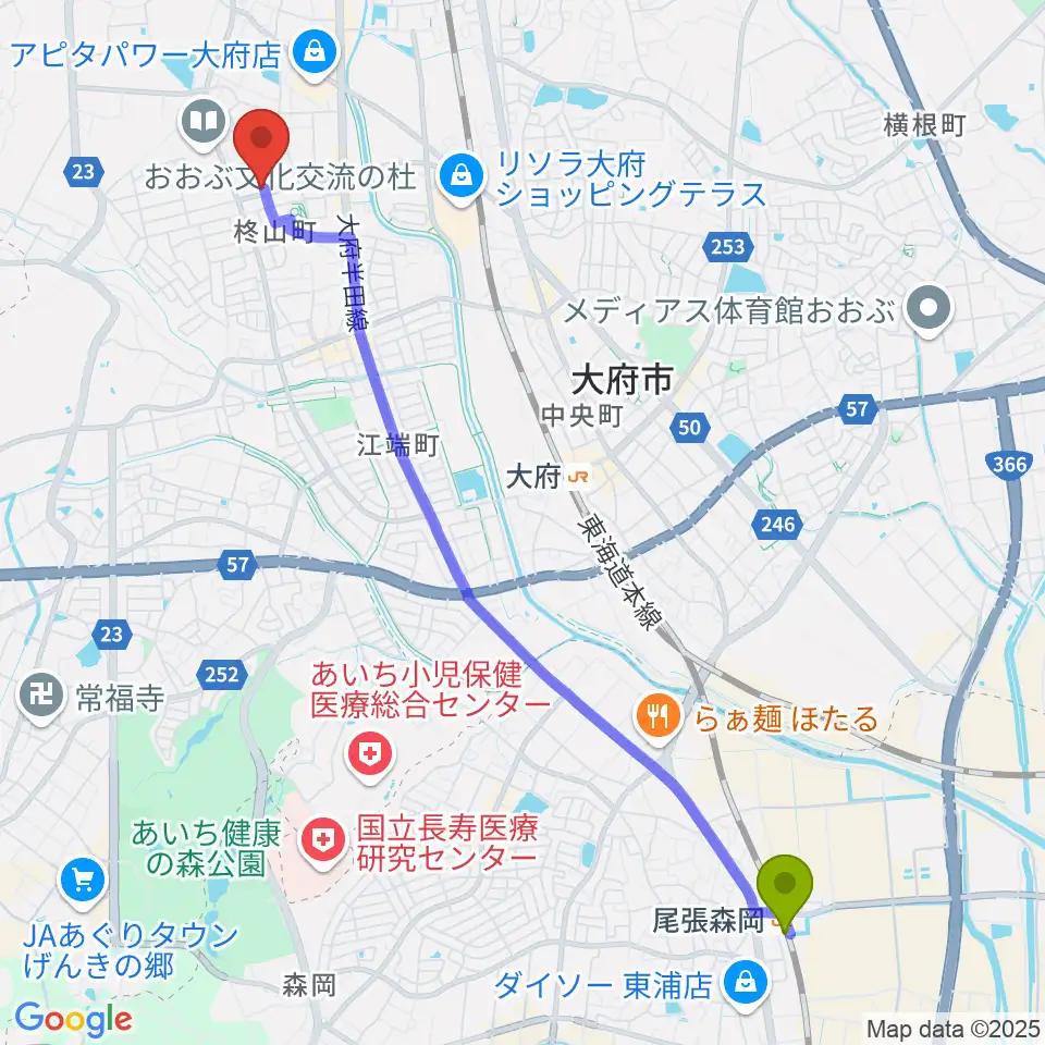 尾張森岡駅からミュージックガーデン大府へのルートマップ地図