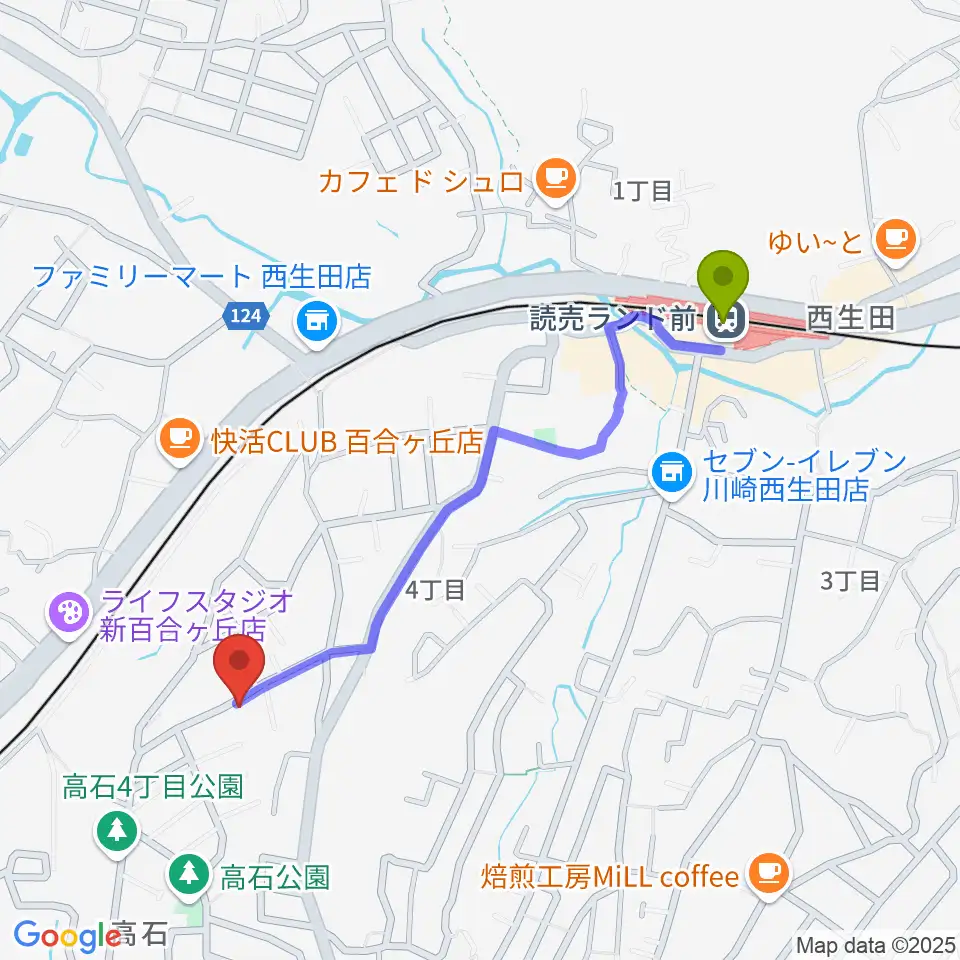 KOIDE音楽教室の最寄駅読売ランド前駅からの徒歩ルート（約10分）地図
