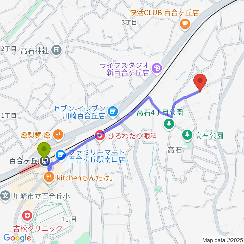 百合ヶ丘駅からKOIDE音楽教室へのルートマップ地図