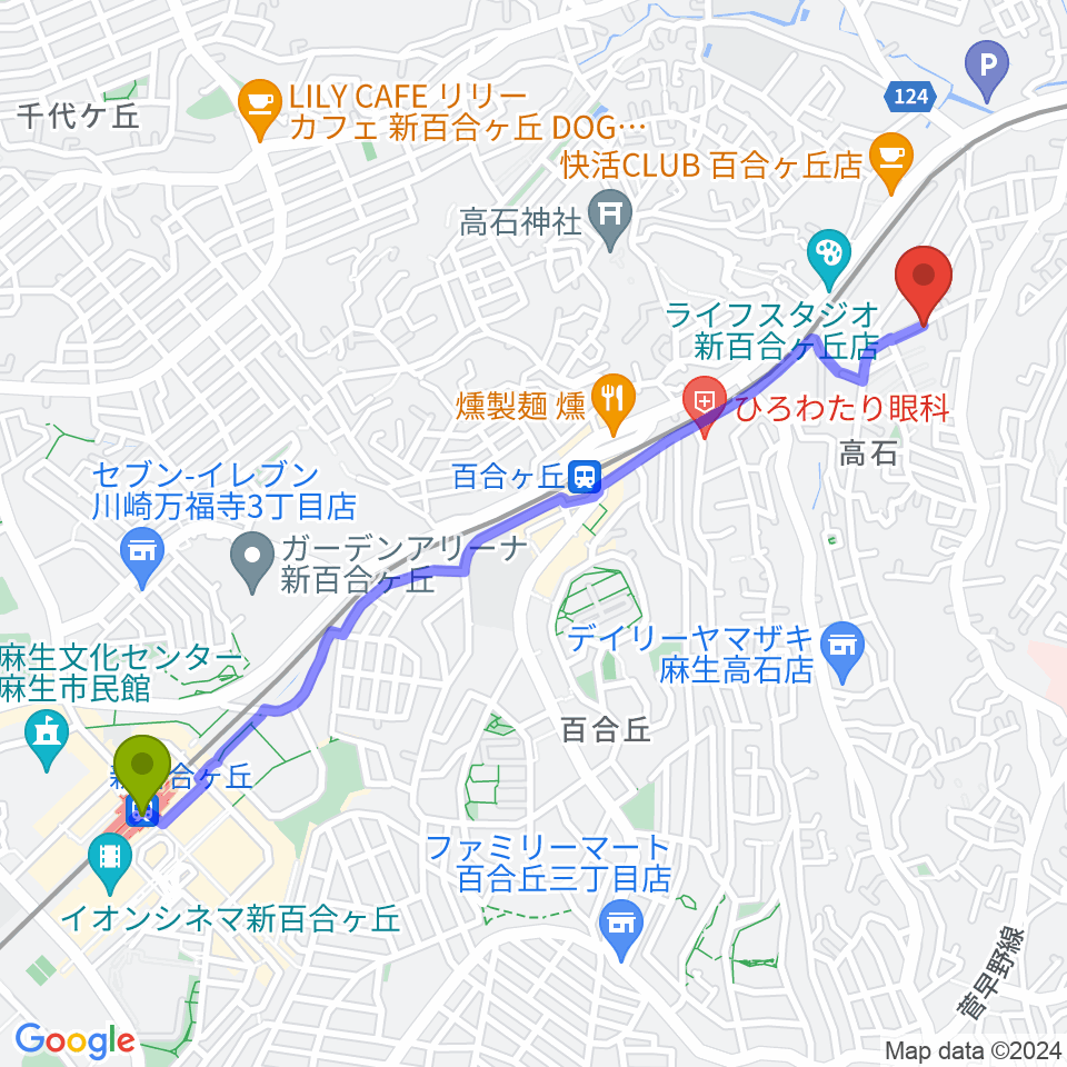新百合ヶ丘駅からKOIDE音楽教室へのルートマップ地図