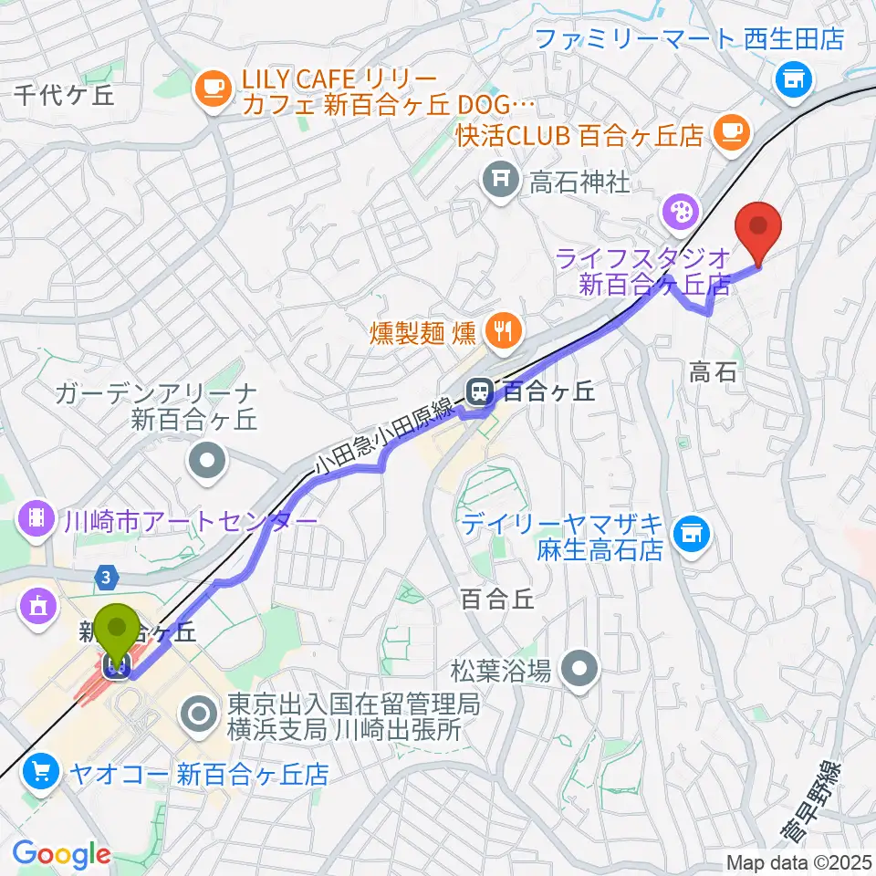 新百合ヶ丘駅からKOIDE音楽教室へのルートマップ地図