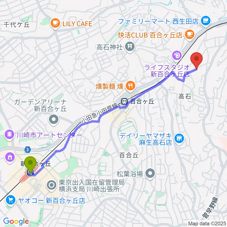 新百合ヶ丘駅からKOIDE音楽教室へのルートマップ地図
