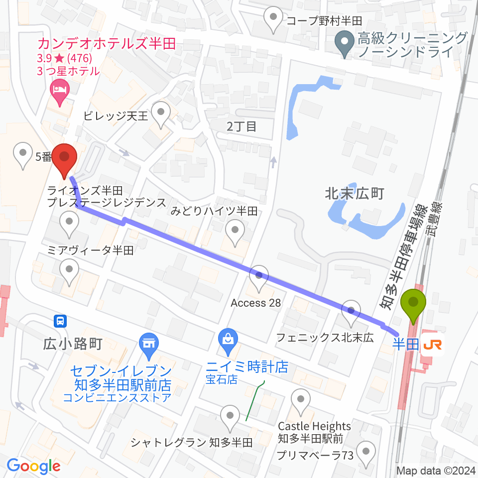 半田駅からミュージックメイトマツイシへのルートマップ地図